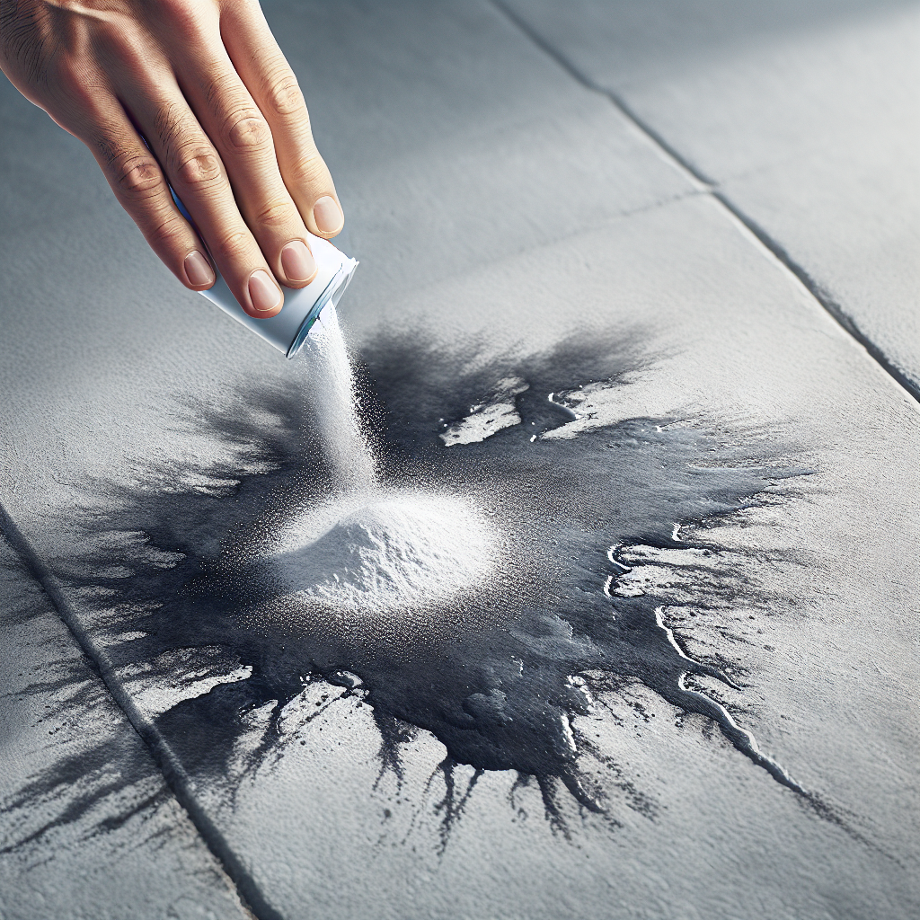 Close-up, top-down shot of a dark, prominent grease stain on a textured, light grey concrete slab. A hand is gently sprinkling white absorbent powder, such as baking soda or cat litter, over the fresh stain. The background is softly blurred, hinting at a patio or driveway. Bright outdoor lighting, realistic style.