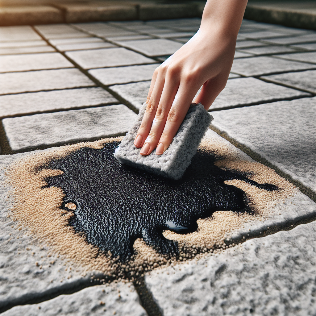 A close-up shot of a dark, prominent grease stain on a textured, light grey concrete paver outdoors. A hand is sprinkling absorbent material like light-colored cat litter or fine sawdust onto the fresh oil stain, with the aim of soaking it up. The setting suggests a patio or driveway in natural daylight, emphasizing the contrast between the clean concrete and the oily spot. Realistic, detailed.