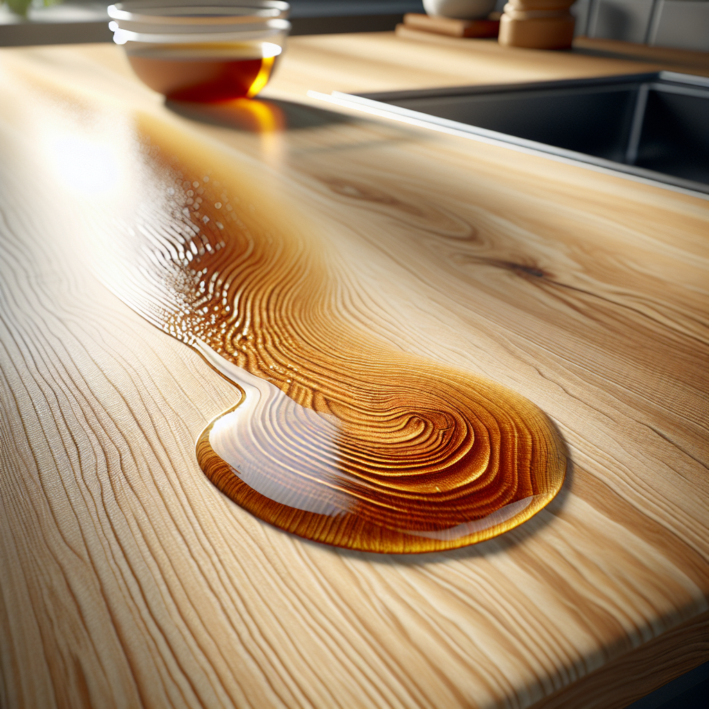 A close-up, realistic photograph of a fresh, shiny grease stain on a light-colored wooden kitchen countertop. The wood grain is visible, and the oily stain is clearly noticeable, hinting at a common kitchen problem. Bright, natural lighting.