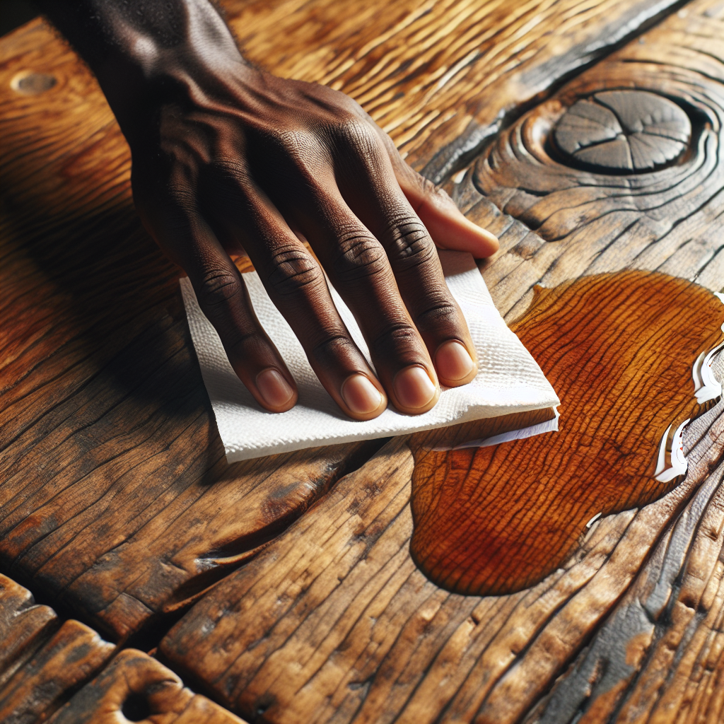 A top-down, close-up shot of a fresh, shiny grease stain on a beautiful, rustic wooden dining table. A human hand is gently dabbing the stain with a white paper towel, careful not to spread it. The wood grain is clearly visible, and the lighting is soft and natural, emphasizing the texture and the problem. The scene conveys an immediate attempt to clean a spill, focusing on the problem and initial action.
