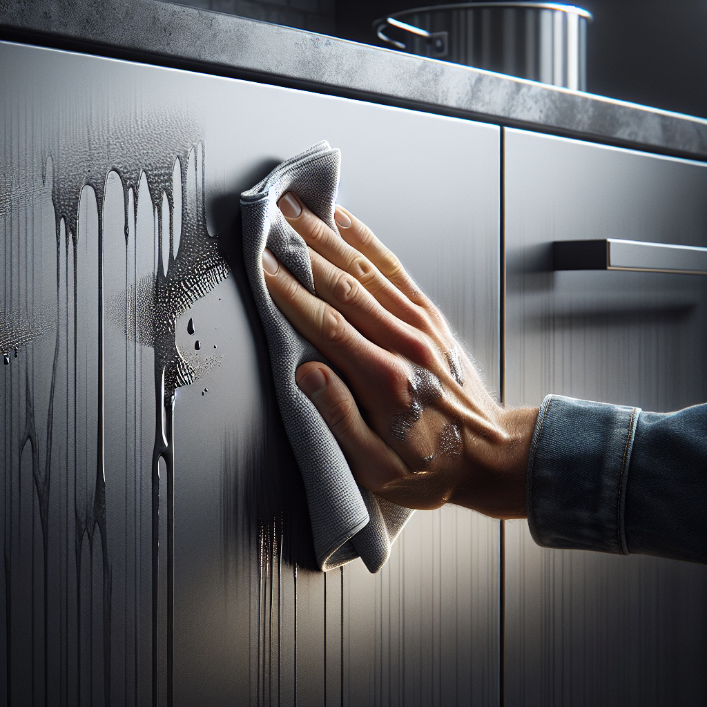 Close-up of a modern kitchen cabinet door (e.g., matte dark grey or glossy white) with visible grease splatters and fingerprint smudges. A hand is gently wiping a portion of the surface clean with a soft, damp microfiber cloth, revealing a perfectly streak-free shine underneath. Bright, clean kitchen aesthetic, focus on the cleaning action and the contrast between dirty and clean. Realistic photo, high detail.