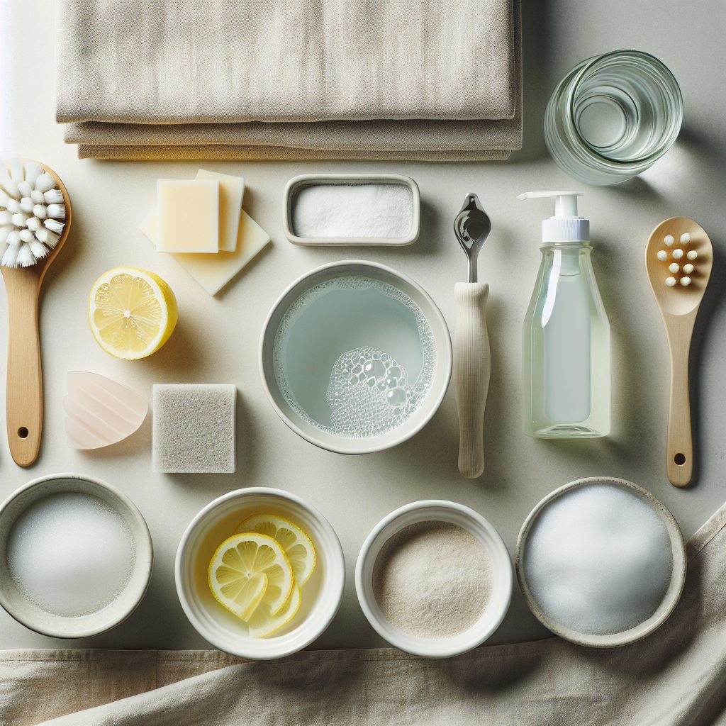 Flat lay composition of cleaning essentials for kitchen cabinets. A soft, clean microfiber cloth, a small bowl of warm, slightly sudsy water, a bottle of mild dish soap, and small white ceramic bowls containing baking soda and lemon slices. The items are neatly arranged on a clean, light-colored kitchen counter or wooden surface. Bright, inviting, and practical aesthetic. Studio lighting, top-down view. Realistic photo.