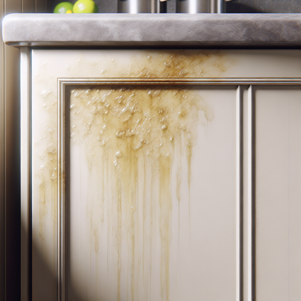 A close-up, realistic photograph of a light-colored kitchen cabinet door, showing noticeable, stubborn yellowish grease stains and grime accumulated near the cooking area. The surface appears dull and sticky. Natural, somewhat dim kitchen lighting.