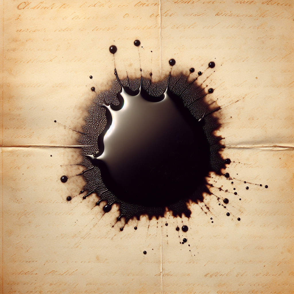 A close-up, detailed shot of a prominent, dark grease stain on a piece of vintage paper, possibly a page from an old book or an important document. The paper is slightly yellowed and textured, with some faint text visible around the edges of the stain. The lighting is soft, highlighting the translucent, oily appearance of the stain, conveying a sense of frustration or imperfection. High resolution, realistic style.