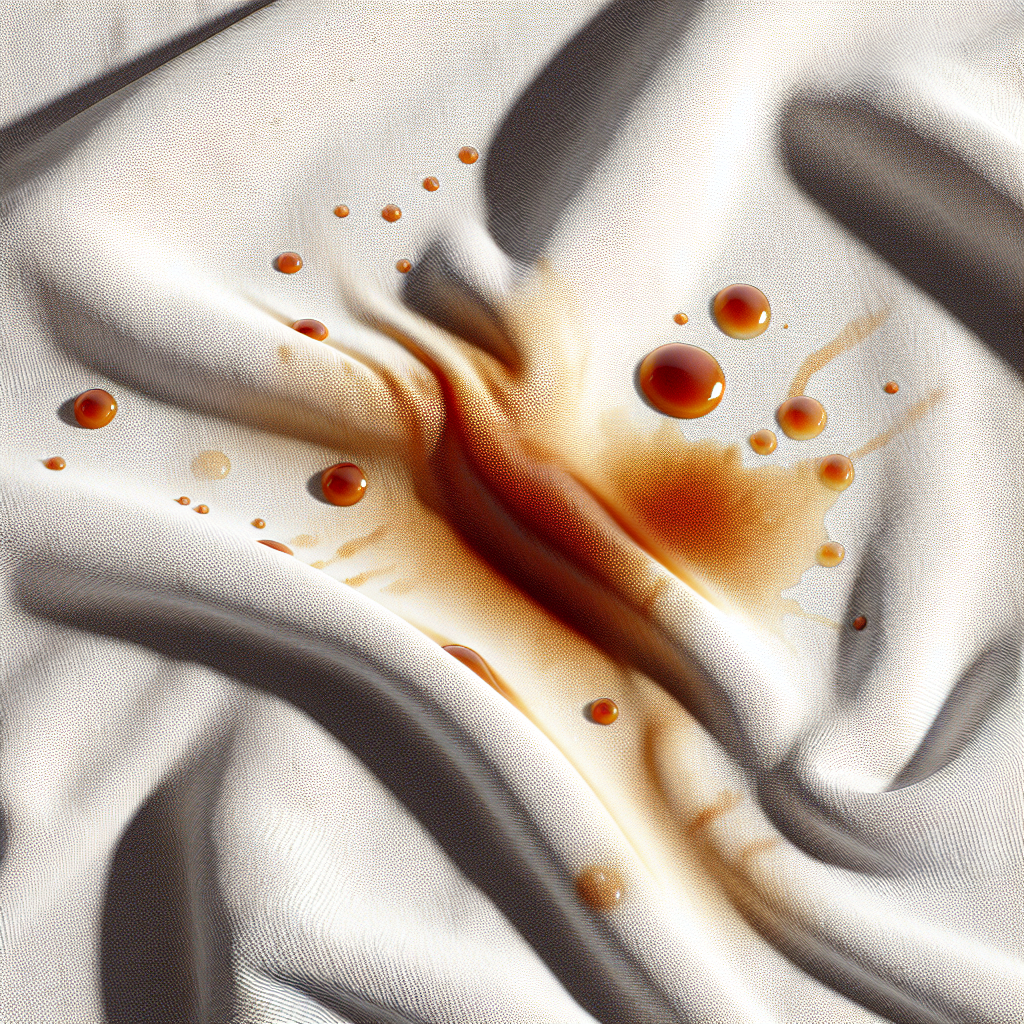 A close-up, high-detail photograph of a prominent, glistening grease stain on a soft, light-colored cotton shirt or linen tablecloth. The stain evokes a sense of frustration, with a slightly distressed fabric texture. Natural, soft lighting. Realistic style.