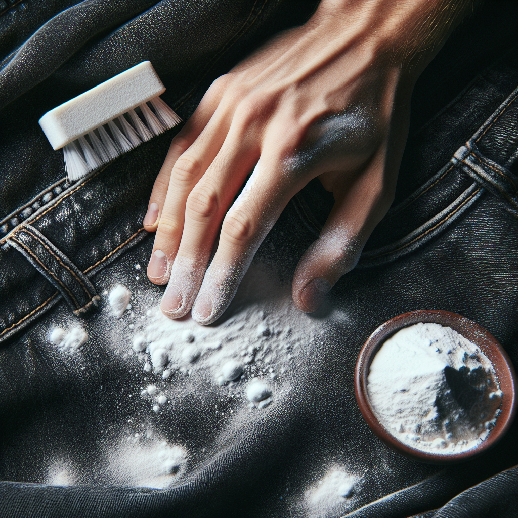 An overhead, close-up photograph of a hand gently sprinkling white powder (like baking soda or cornstarch) onto a visible grease stain on a dark fabric, such as a blue denim jeans. Next to the stain, a small pile of the powder and a soft brush for cleaning. Bright, clean, and optimistic lighting. Realistic style.