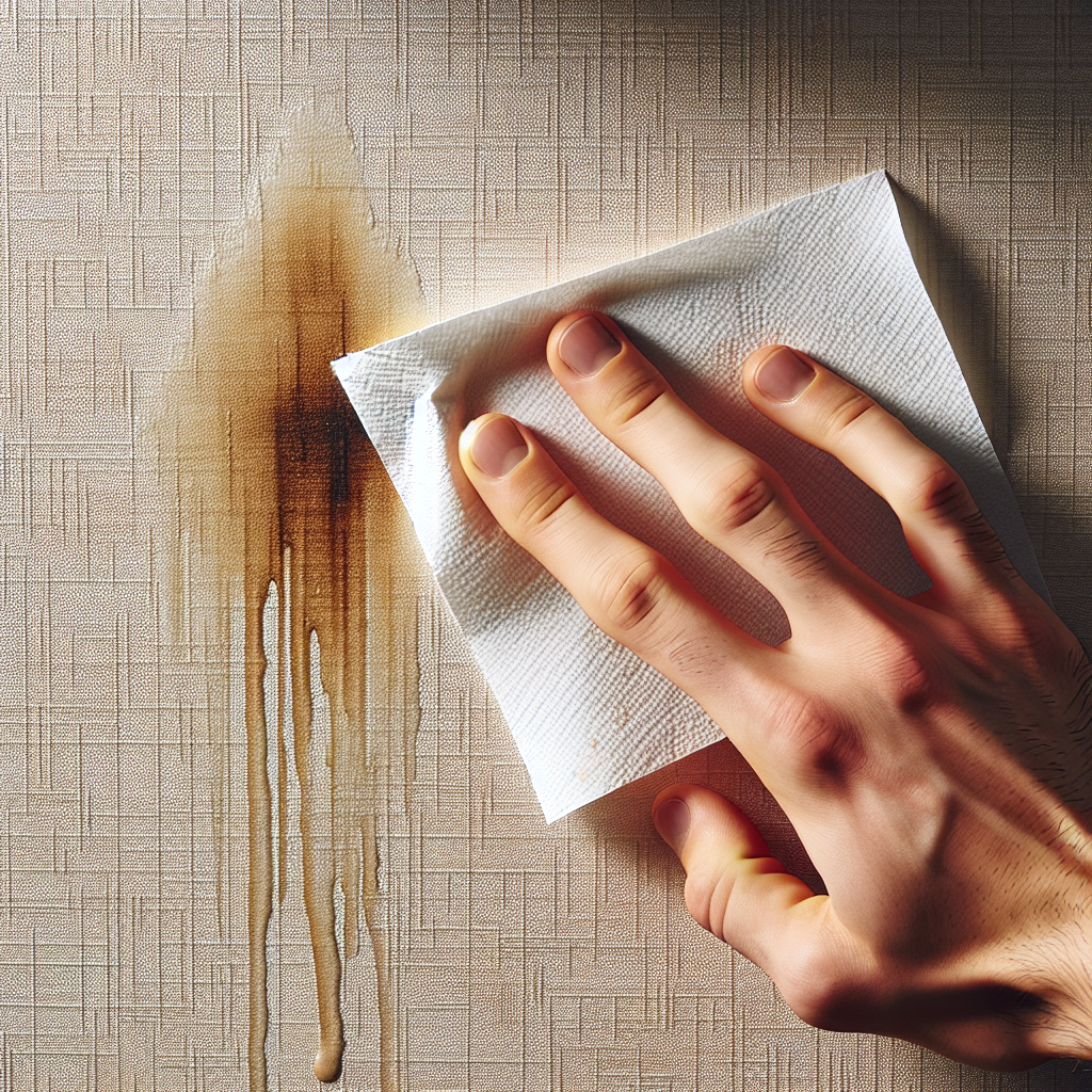 A close-up shot of a visible, stubborn grease stain on a textured, light-colored wallpaper in a kitchen setting. A hand is gently dabbing the stain with a piece of kitchen paper, implying the first step of immediate action. The scene should convey a sense of a common household problem, with soft, natural lighting.