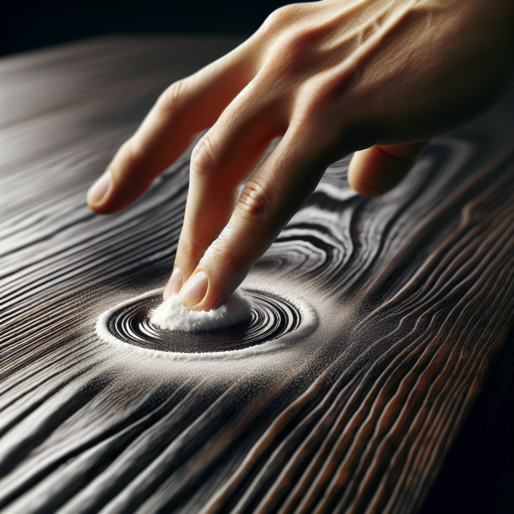 A close-up shot of a dark wooden table with a visible, oily grease stain. A hand is gently sprinkling white powder, like baking soda or cornstarch, directly onto the stain. The wood grain is detailed, and the lighting is natural and clear, highlighting the cleaning process. Realistic photo style.