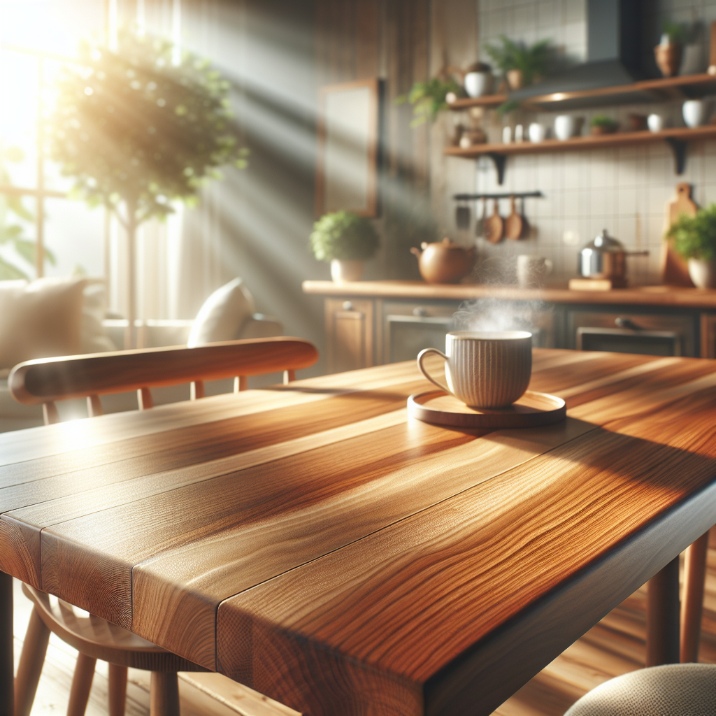A beautifully clean, polished wooden dining table in a warm, inviting home setting. Sunlight streams in, illuminating the rich natural wood grain and its restored beauty, with no signs of stains. In the soft-focus background, there are subtle hints of domestic items like a plant or a cup of coffee, conveying a peaceful, restored ambiance. High-quality, warm-toned photograph.