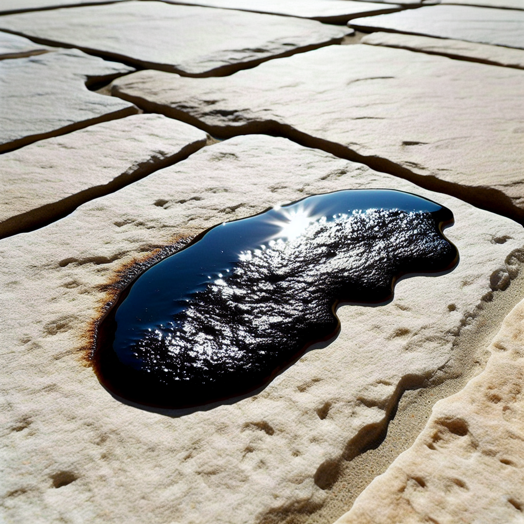 Close-up of a dark, stubborn grease stain deeply embedded in a light-colored, textured stone patio slab, illuminated by bright sunlight, emphasizing its unsightly appearance.
