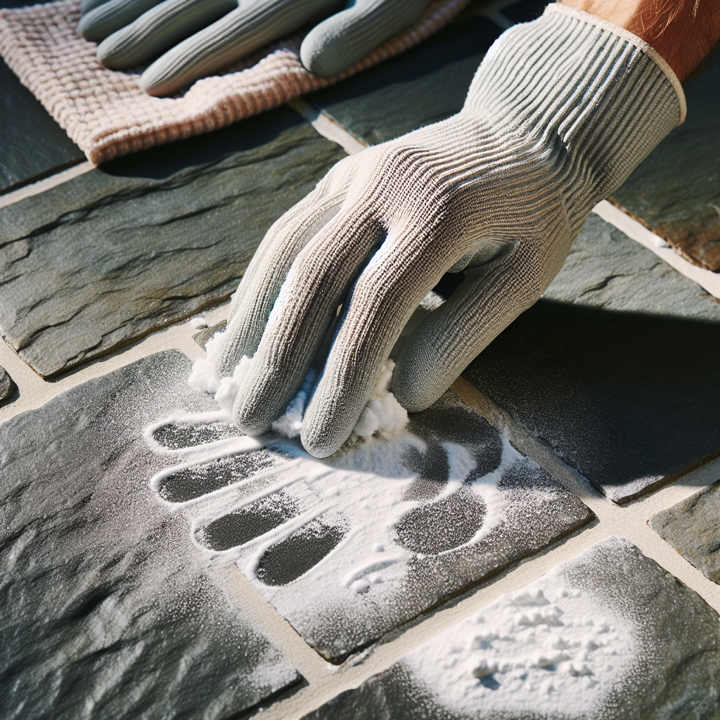 An overhead shot of a hand in a light work glove, gently sprinkling a white powder (like baking soda or cornstarch) onto a noticeable dark grease stain on an outdoor stone paver, with a subtle cleaning cloth nearby.