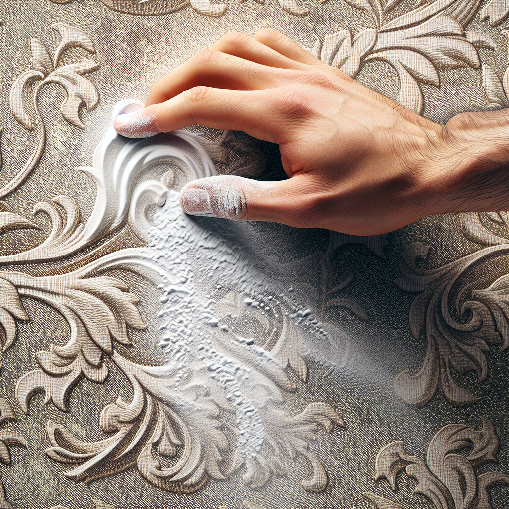 A close-up shot of a fresh, shiny grease stain on a light-colored, textured wallpaper, possibly in a kitchen or dining room setting. A hand is gently sprinkling a fine white powder, like baking soda or cornstarch, directly onto the stain. The lighting is bright and clean, emphasizing the contrast between the stain and the wallpaper. Realistic, high-detail, suitable for a blog article about home cleaning.