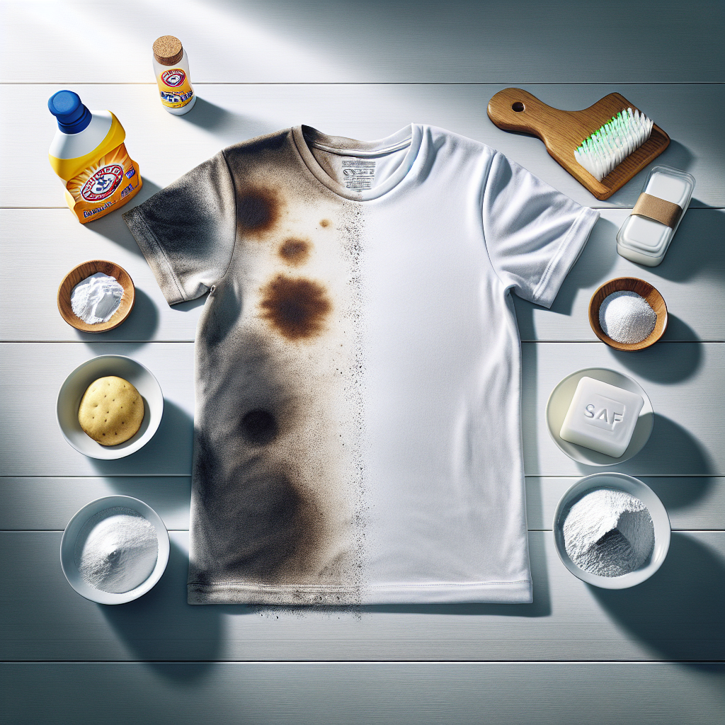 A pristine white t-shirt, with a prominent, dark grease stain on one side, while the other side is perfectly clean and bright. Next to the t-shirt are small bowls containing common household items like baking soda powder, potato starch, and a small bottle of dish soap, all arranged on a clean wooden surface, bathed in bright, natural light. The image emphasizes the contrast between dirty and clean, and the effectiveness of home remedies.
