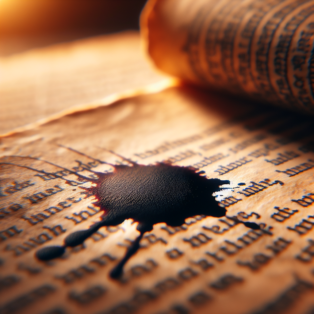 A close-up of a page from an old book or an important document, featuring a prominent, dark, and stubborn grease stain. The paper appears slightly discolored and warped around the oil mark, conveying a sense of annoyance or a challenge. The background is softly blurred, realistic, high detail, warm, natural light.