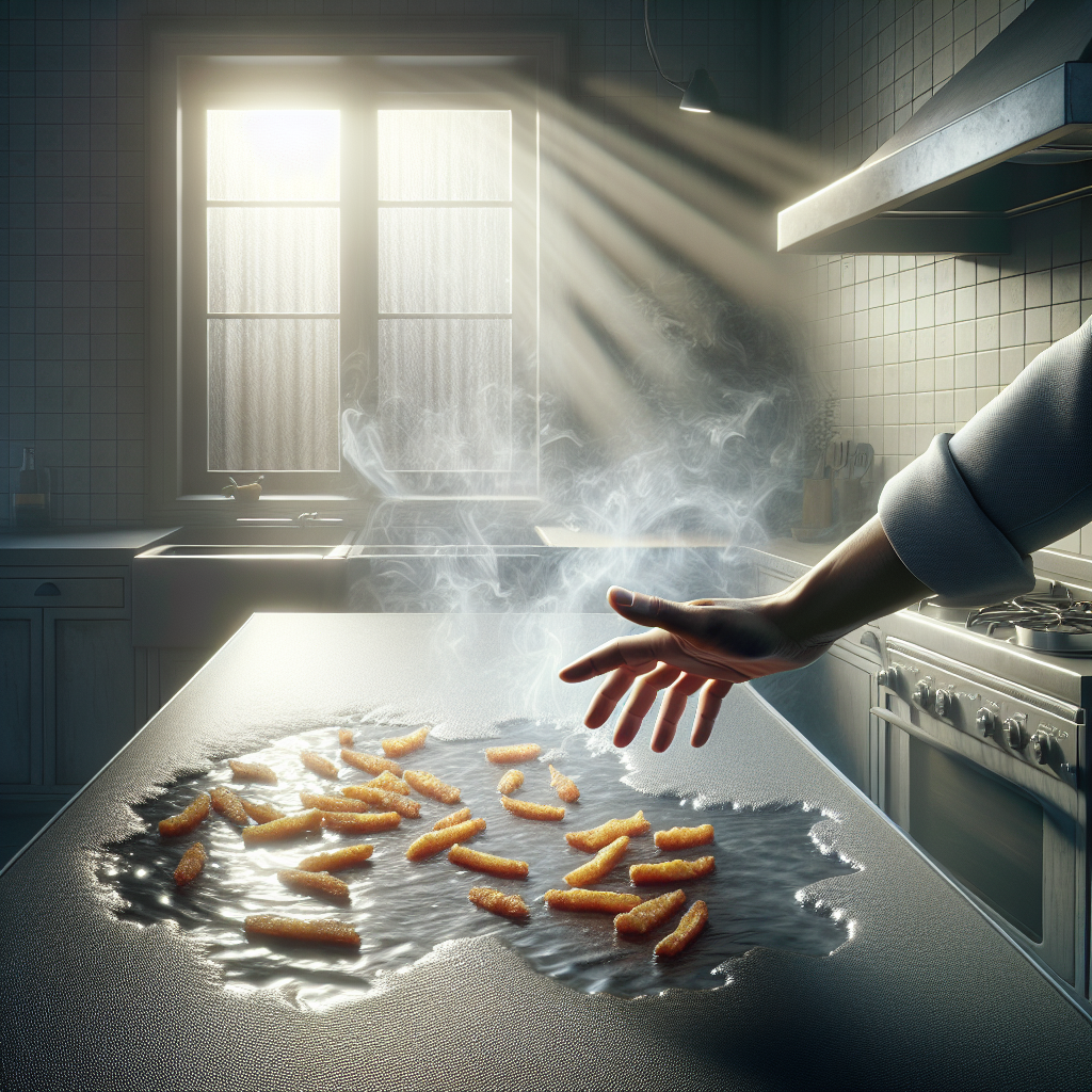 A modern kitchen scene immediately after frying, with a subtle, almost visible haze of grease particles lingering in the air, settling on surfaces. A hand is seen opening a window in mild frustration, emphasizing the heavy, unpleasant odor. Realistic, atmospheric lighting, capturing the lingering problem.