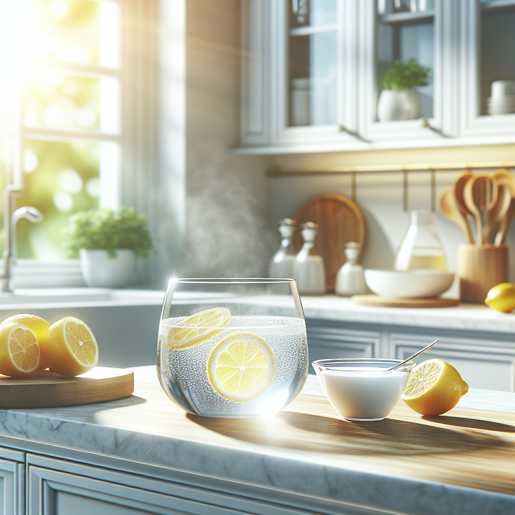 A sparkling clean kitchen countertop featuring a glass bowl with fresh lemon slices floating in water and a small bowl of white vinegar. Bright sunlight streams through a slightly open window in the background, implying fresh air and cleanliness. The overall mood is fresh, bright, and inviting, symbolizing odor neutralization.