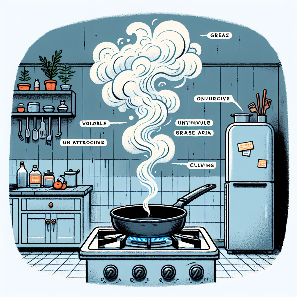 A kitchen scene depicting a visible, swirling, unpleasant grease odor filling the air after cooking. A frying pan is on the stovetop, and the atmosphere looks heavy and stale, suggesting a lingering, unwanted smell. Focus on conveying an unpleasant kitchen environment.