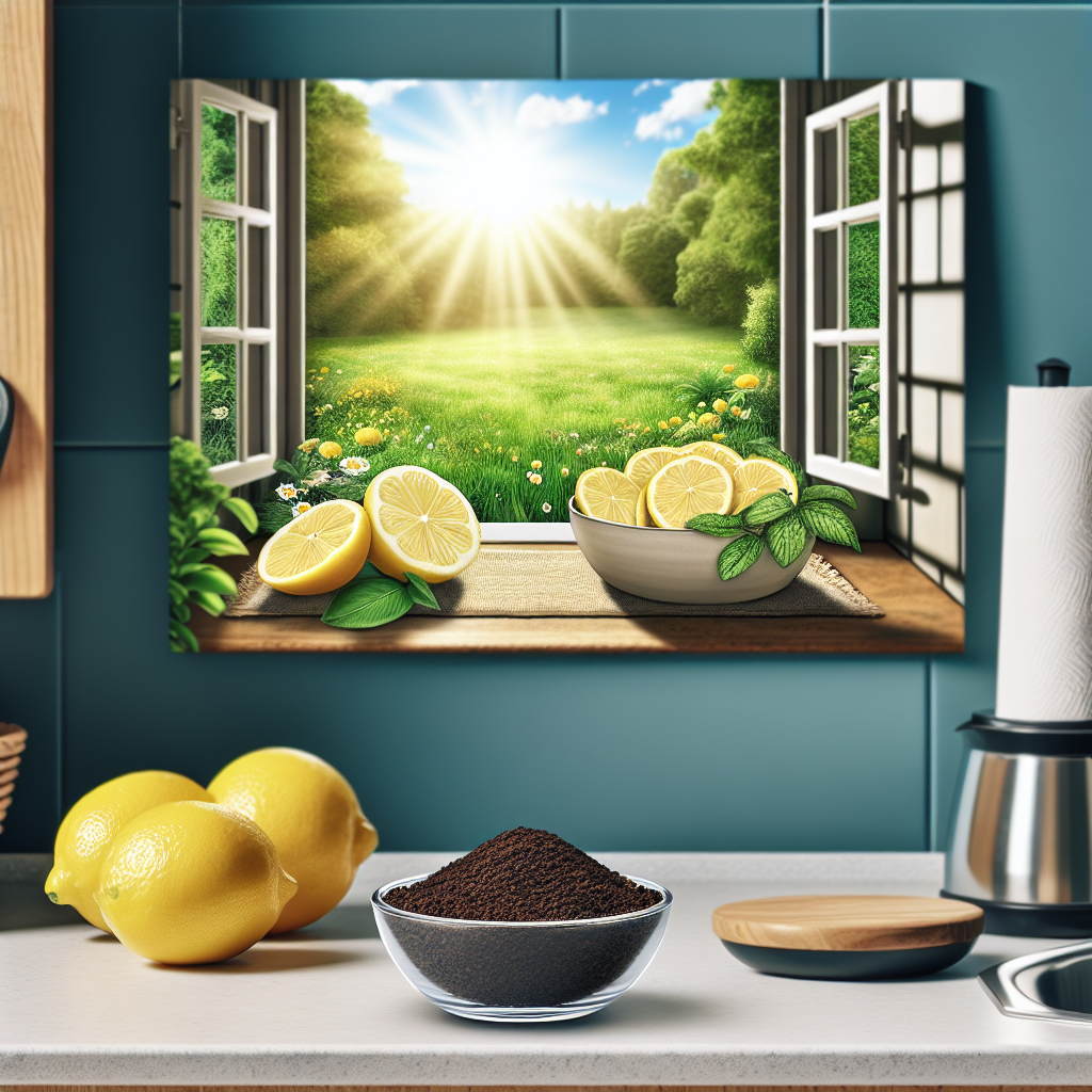 A bright, clean, and fresh kitchen counter with a bowl of fresh lemon slices and a small bowl of coffee grounds, symbolizing natural odor neutralizers. In the background, an open window lets in sunlight and a gentle breeze, creating a sense of cleanliness, freshness, and improved air quality.