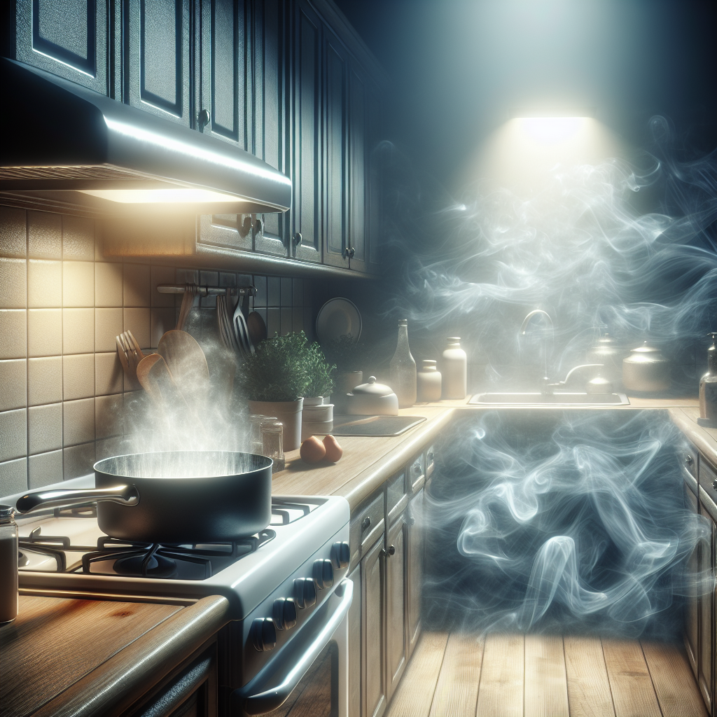 A home kitchen scene, slightly dim, with a visible, wavy, greyish, unpleasant grease smell emanating from a pan on the stovetop where something was just fried. The smell subtly permeates the background, making the kitchen look uninviting and heavy, with a hint of lingering, sticky residue on surfaces. Realistic, atmospheric.