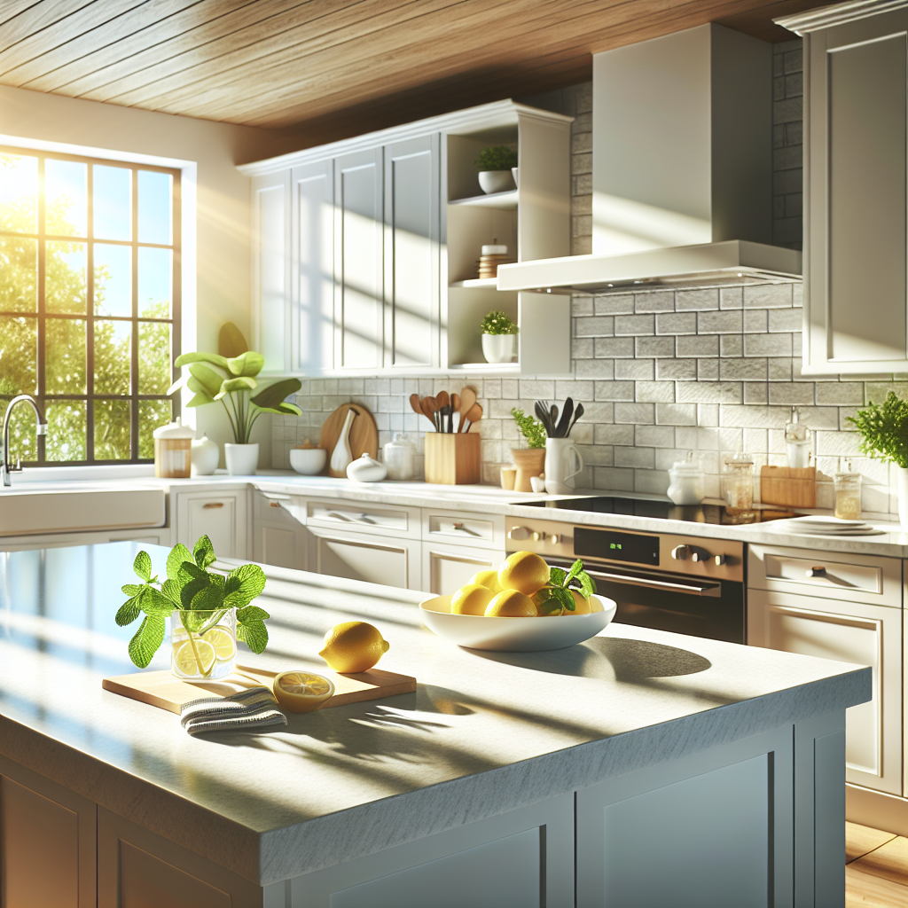 A bright, airy, and impeccably clean modern kitchen. Sunlight streams through an open window, revealing sparkling clean countertops and appliances. A small bowl with fresh lemon slices and a sprig of mint sits on an island, subtly suggesting natural deodorizers. The overall atmosphere is fresh, inviting, and free of any lingering odors. Realistic, vibrant colors.