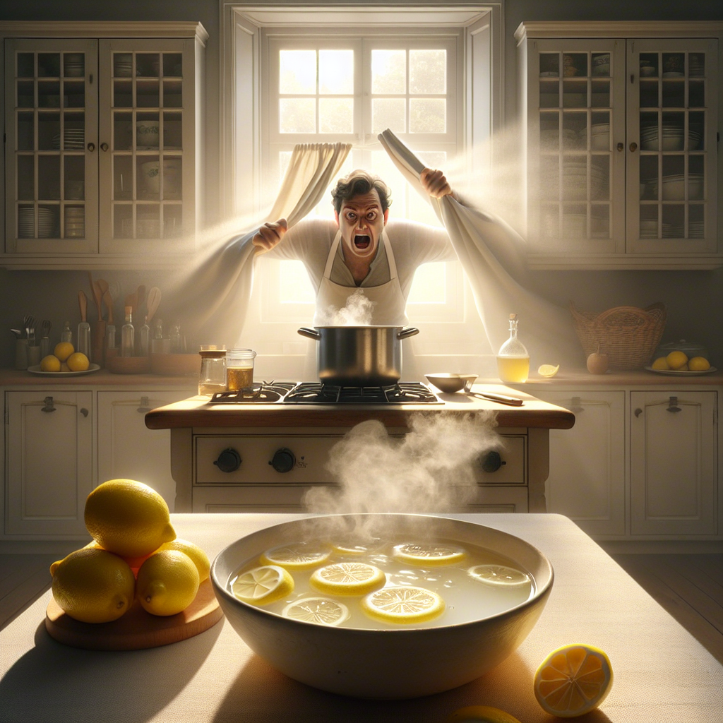 A cozy, somewhat cluttered kitchen after cooking, with a subtle, yellowish haze indicating a lingering grease smell. A frustrated person is aggressively opening a window for ventilation. On the kitchen island, a small bowl holds sliced lemons, and a saucepan with a cloudy liquid (implying vinegar water) is subtly steaming on the stovetop. Realistic, atmospheric lighting.