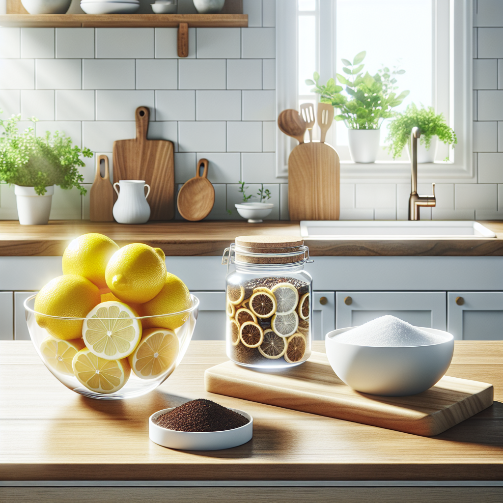 A pristine, modern kitchen bathed in warm, natural light, exuding a sense of freshness. On a clean wooden counter, a beautiful arrangement of natural odor neutralizers is displayed: a clear glass bowl filled with vibrant lemon slices, a rustic ceramic bowl with aromatic coffee grounds, and a small white dish with baking soda. The scene conveys cleanliness, freshness, and natural solutions. Realistic, bright, and inviting aesthetic.