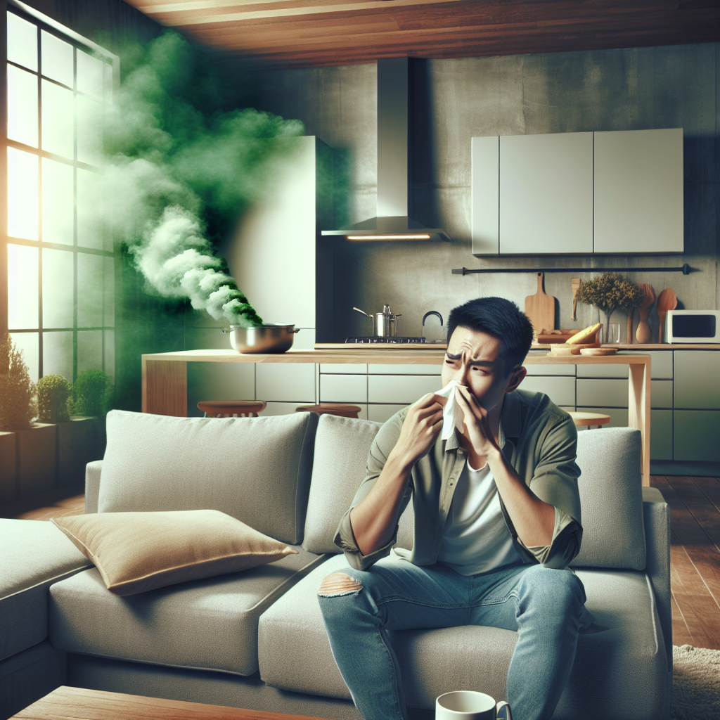 A modern, open-plan kitchen and living area filled with a subtle, unpleasant grease smell. Hazy, slightly greenish air subtly lingers, making a person sitting on a sofa look displeased or holding their nose. The atmosphere is muted and slightly uncomfortable, emphasizing the lingering odor after cooking. Realistic style.
