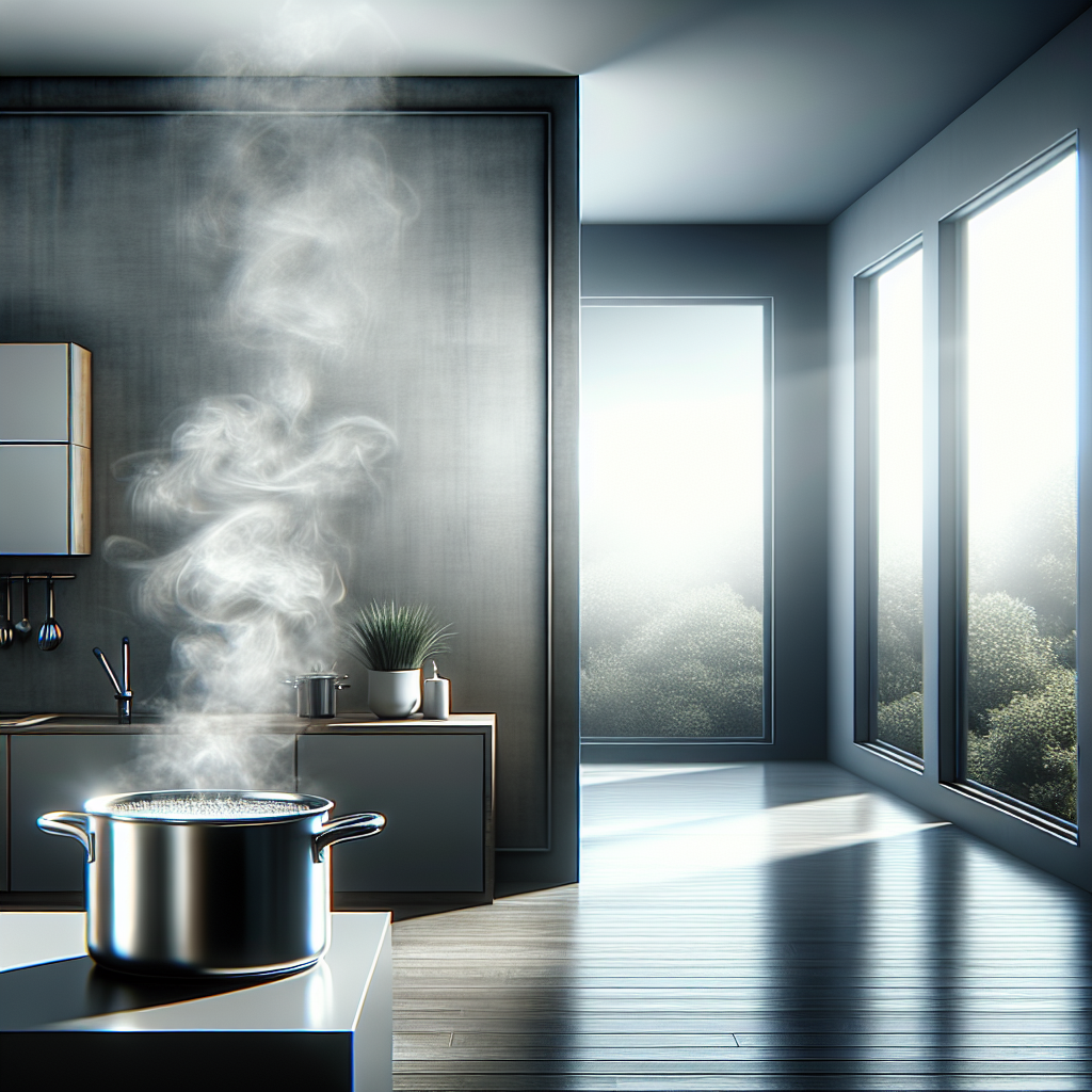 In a bright, clean modern kitchen, a small pot on the stovetop is gently simmering, releasing a clear, neutral steam, symbolizing the 'boiling vinegar water' technique to remove odors. Large, open windows in the background let in abundant natural light and a gentle breeze, creating a fresh, airy atmosphere. Realistic, inviting, and clean aesthetic.