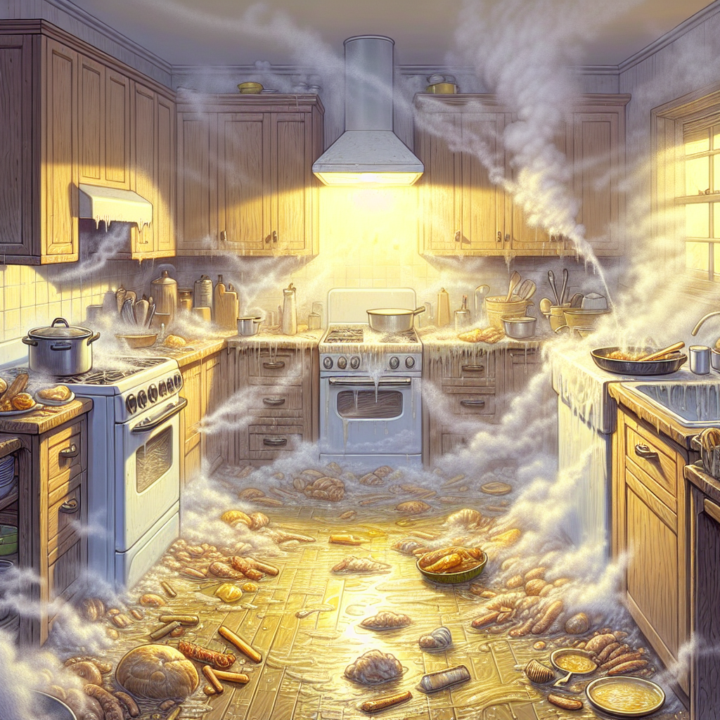 A close-up, atmospheric shot of a kitchen after heavy frying, with a visible, slightly sticky, yellowish-brown grease smell lingering heavily in the air, creating a stuffy and uncomfortable atmosphere. Focus on the unpleasantness of the persistent odor, possibly with details like a greasy film on surfaces.