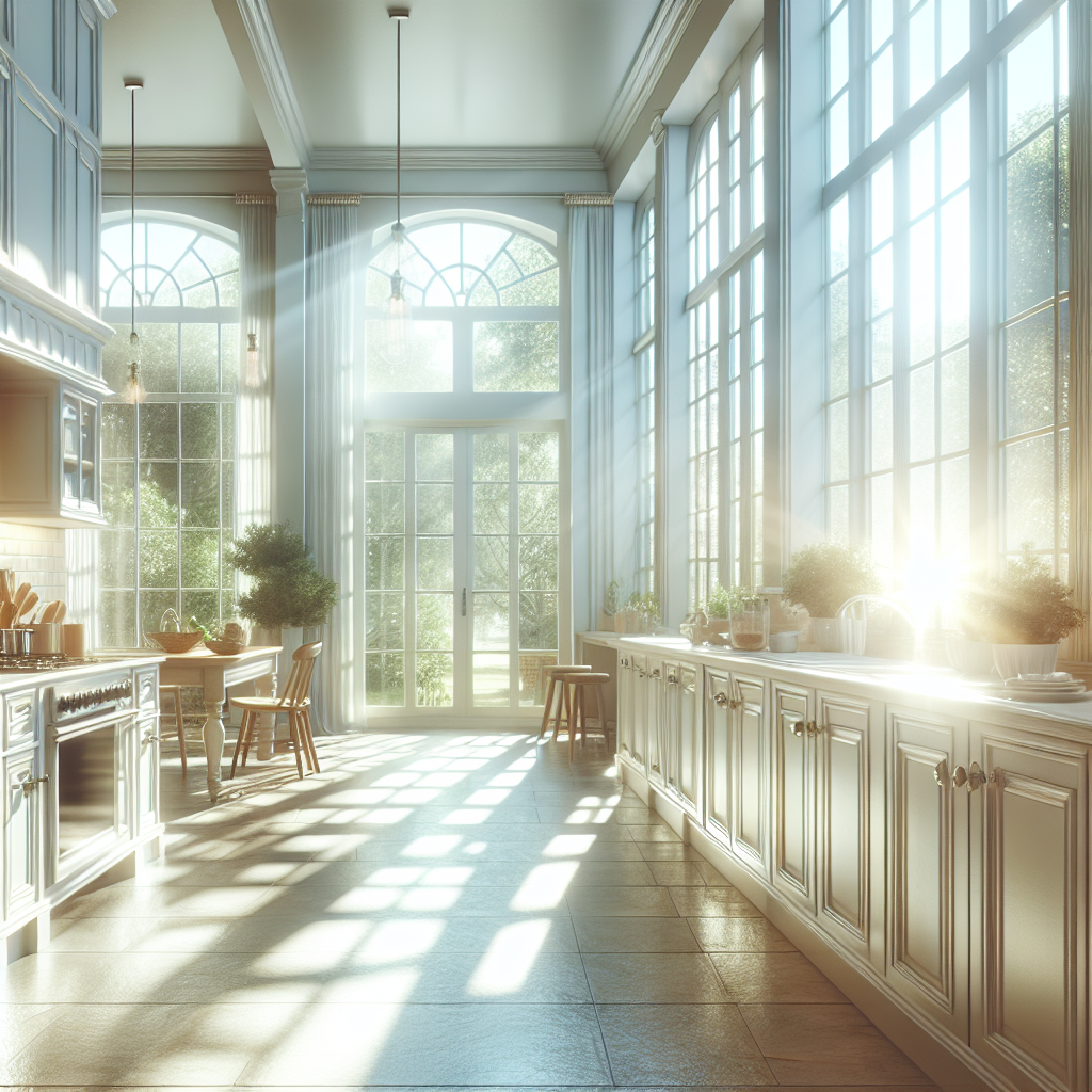 A bright and inviting kitchen with large windows wide open, letting in abundant fresh air and natural light. The space feels clean, airy, and free of unpleasant odors, symbolizing the successful removal of smells. A feeling of renewed comfort and cleanliness.