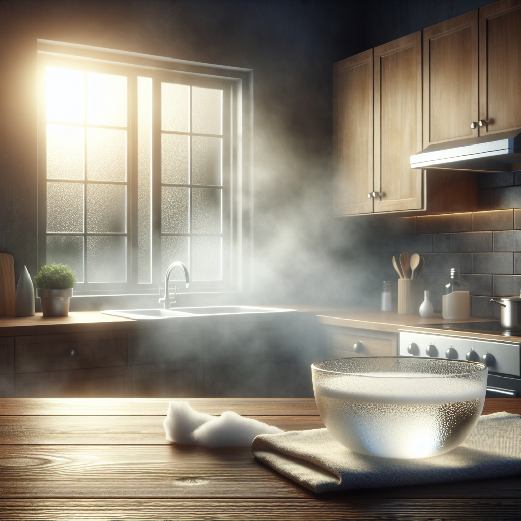A modern kitchen interior filled with a subtle, unpleasant greasy haze after cooking, represented by a faint, warm, slightly murky atmosphere. A window is wide open, letting in bright, cool, fresh air, visibly dissipating the haze. On a clean kitchen counter, a simple white bowl filled with clear white vinegar is placed, symbolizing a natural remedy. The scene should evoke a sense of relief and effective cleaning, with clear contrast between the lingering smell and the incoming freshness. Realistic, detailed photography.