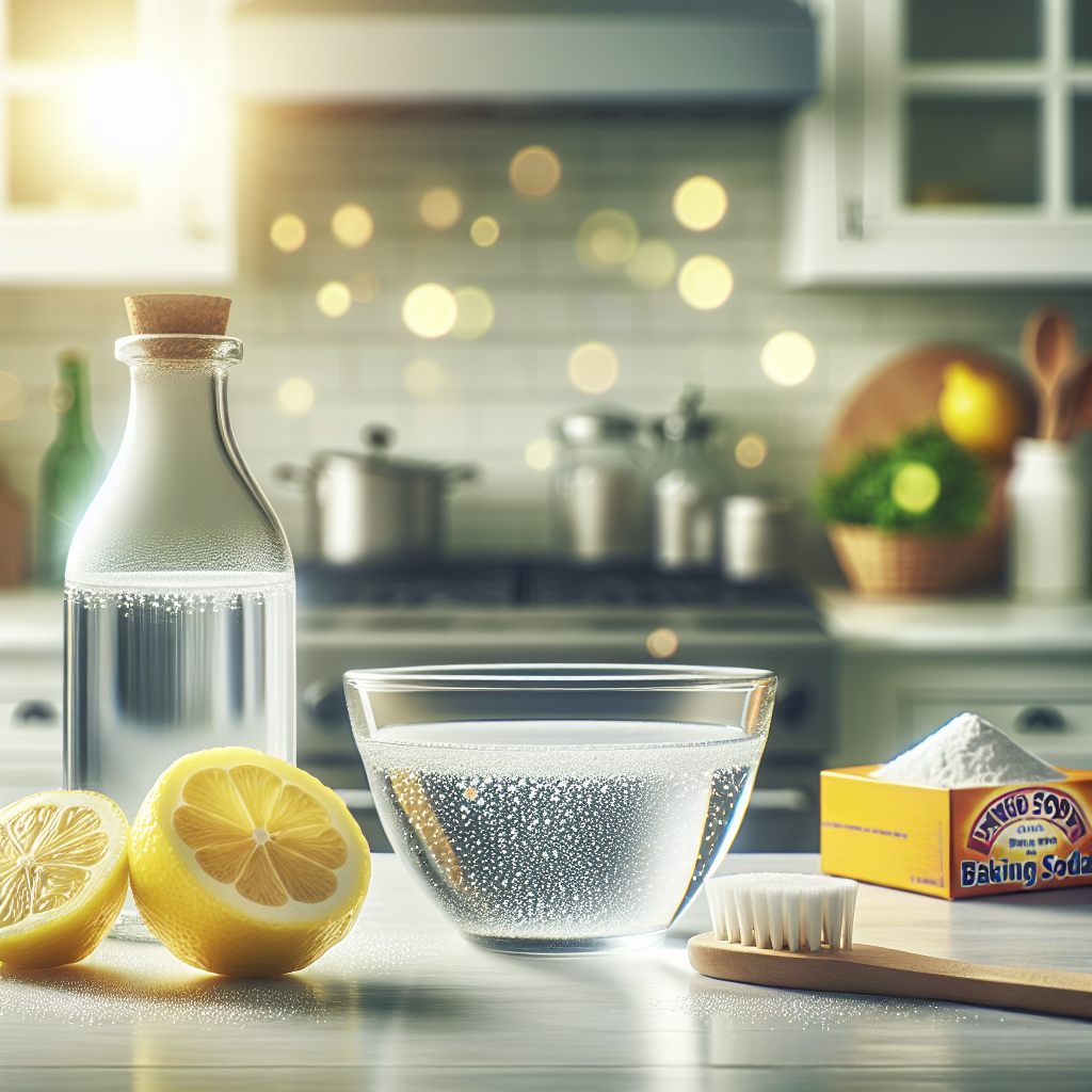 A brightly lit, clean kitchen counter with a clear glass bowl filled with white vinegar, reflecting the light. Nearby, a few fresh lemon slices are arranged artistically, and perhaps a small open box of baking soda. The background is a slightly blurred, sparkling clean kitchen, emphasizing freshness and natural solutions to odors. The overall aesthetic is clean, inviting, and highlights the effectiveness of simple home remedies. Realistic, high-resolution photography.