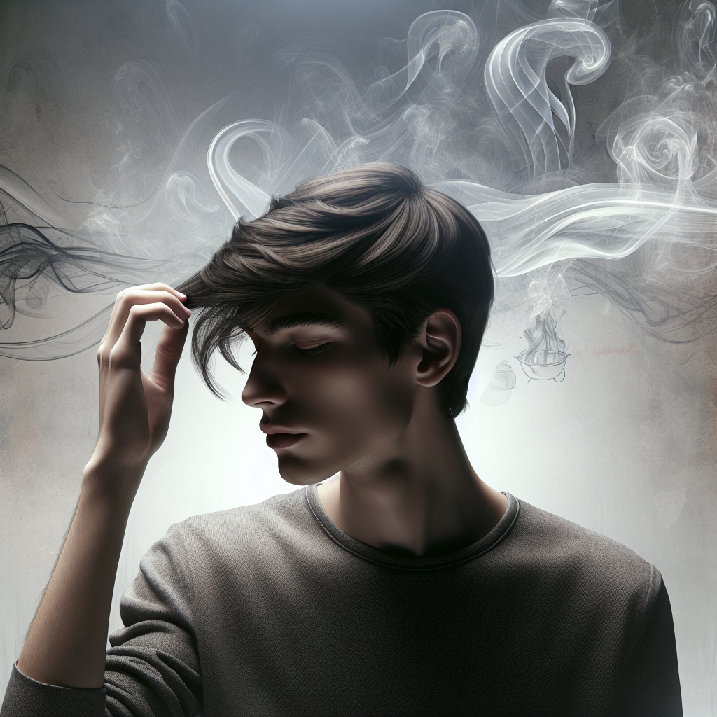 A young person, gender-neutral, with a subtle look of self-consciousness, slightly touching their hair as if detecting an unpleasant odor. Faint, abstract wisps of cooking smoke or grill fumes are visible behind them. Their hair has a slightly dull appearance. Realistic, soft lighting, blog article photography style.