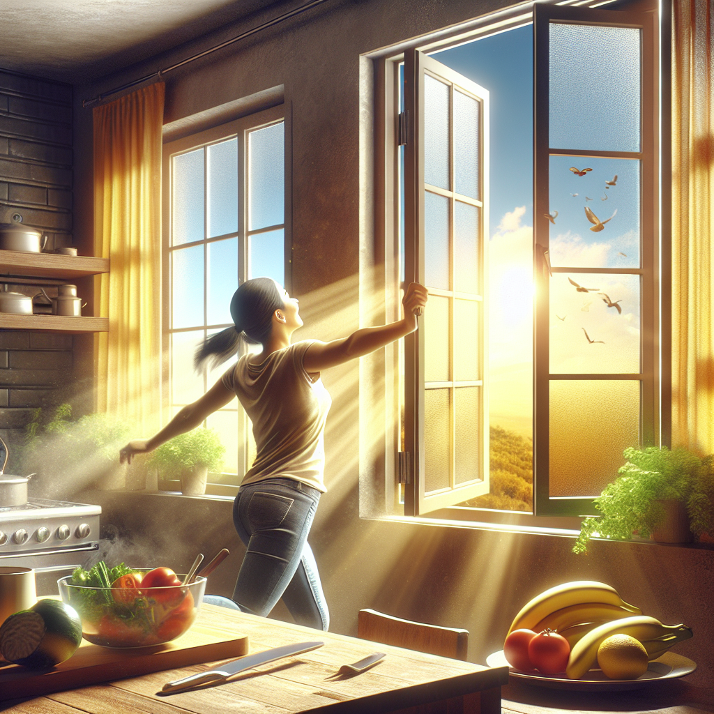 A modern, clean kitchen, but with a subtle, yellowish, greasy haze lingering in the air. A person is actively opening a large window, revealing a bright, fresh outdoor scene with clear skies, symbolizing air circulation and the removal of unpleasant odors. The overall image should evoke a sense of relief and transition from stuffy to fresh. Realistic photography style, warm light.