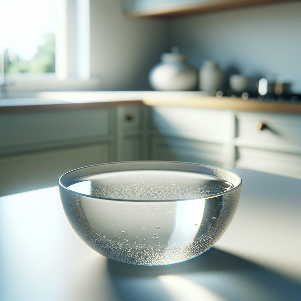 A close-up shot of a ceramic bowl filled with clear vinegar water, subtly steaming, placed on a clean, light-colored kitchen countertop. In the soft-focus background, elements of a pristine kitchen are visible, hinting at overall cleanliness and freshness. The scene should convey a sense of natural, gentle odor neutralization. Realistic photography style, soft, natural light.