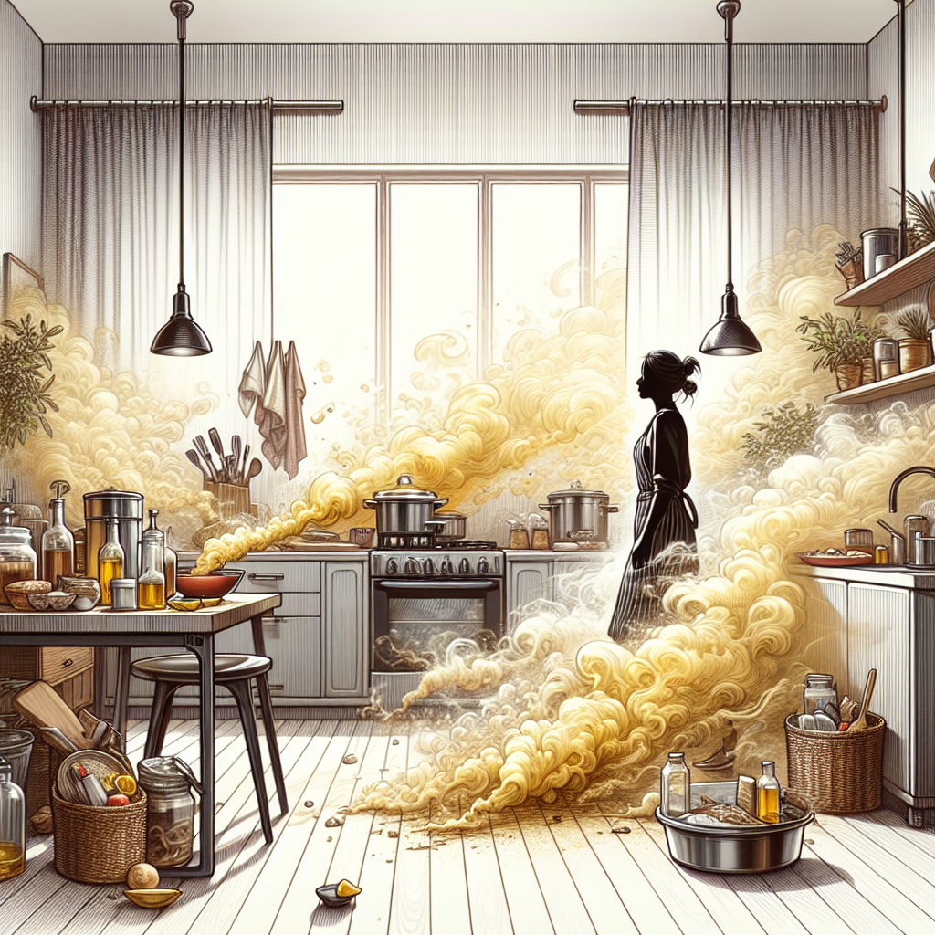 A modern, slightly cluttered kitchen scene immediately after cooking, filled with a visible, swirling, yellowish-brown greasy smoke or vapor that represents a stubborn, unpleasant cooking smell. The smoke clings to kitchen surfaces, curtains, and furniture. A person looks subtly annoyed by the lingering odor. Realistic, detailed, slightly atmospheric, capturing a sense of a persistent smell.