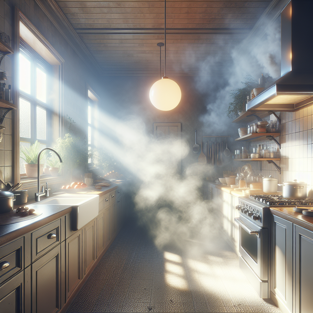 A photo of a home kitchen after cooking, with a subtle, almost visible haze or greasy film in the air, hinting at a persistent and unpleasant cooking odor. The atmosphere feels a bit stale and uninviting, conveying the challenge of lingering food smells. Realistic, natural lighting.
