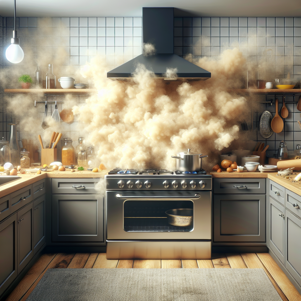 A modern, slightly cluttered kitchen scene immediately after cooking, with a visible, thick, yellowish-brown haze wafting from the stove area, symbolizing a strong, lingering grease smell. The air looks heavy and unpleasant, hinting at stale odor. Realistic photograph with atmospheric lighting.