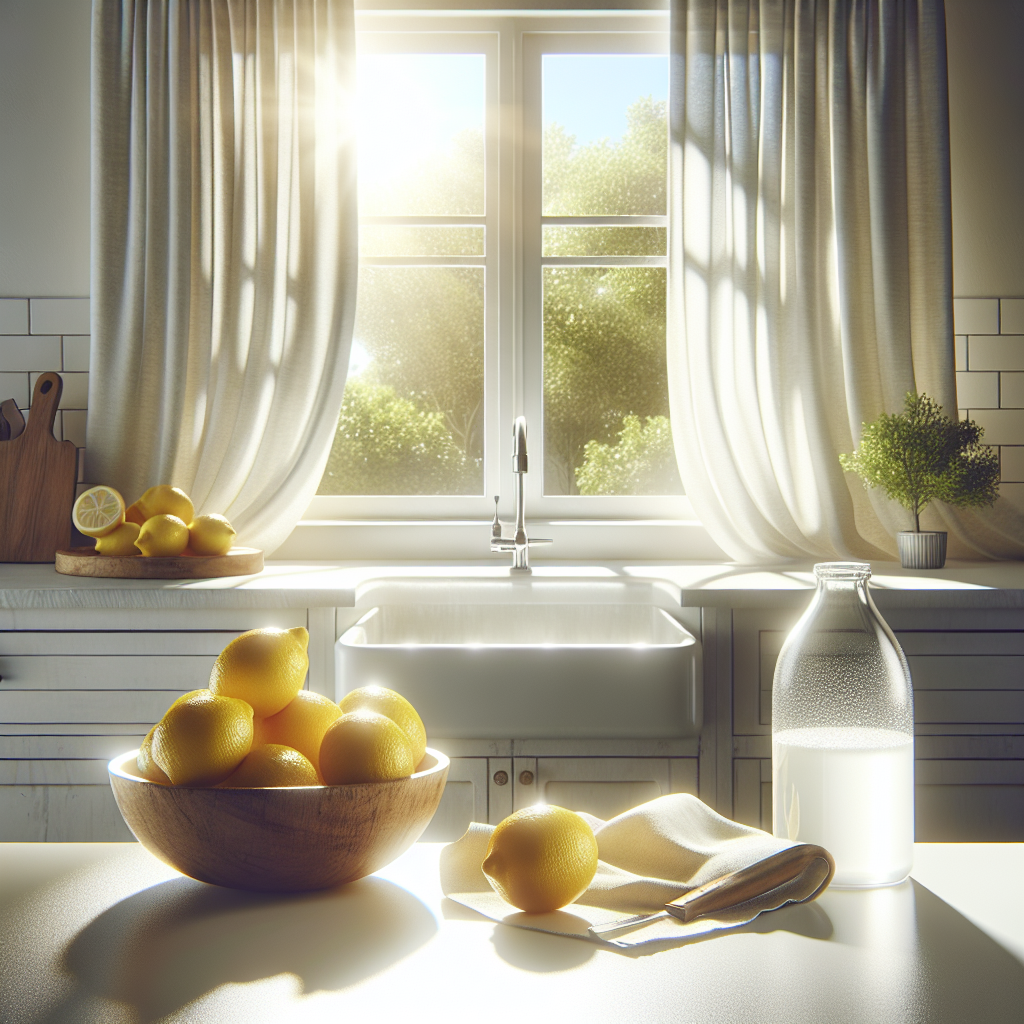 A bright, airy, and impeccably clean kitchen. Sunlight streams through an open window, gently stirring light curtains. On a gleaming countertop, there's a rustic bowl filled with fresh, whole lemons and a simple glass bottle of white vinegar, suggesting natural remedies. The overall atmosphere is one of freshness, purity, and a pleasant, odor-free environment. Realistic, high-key photograph.