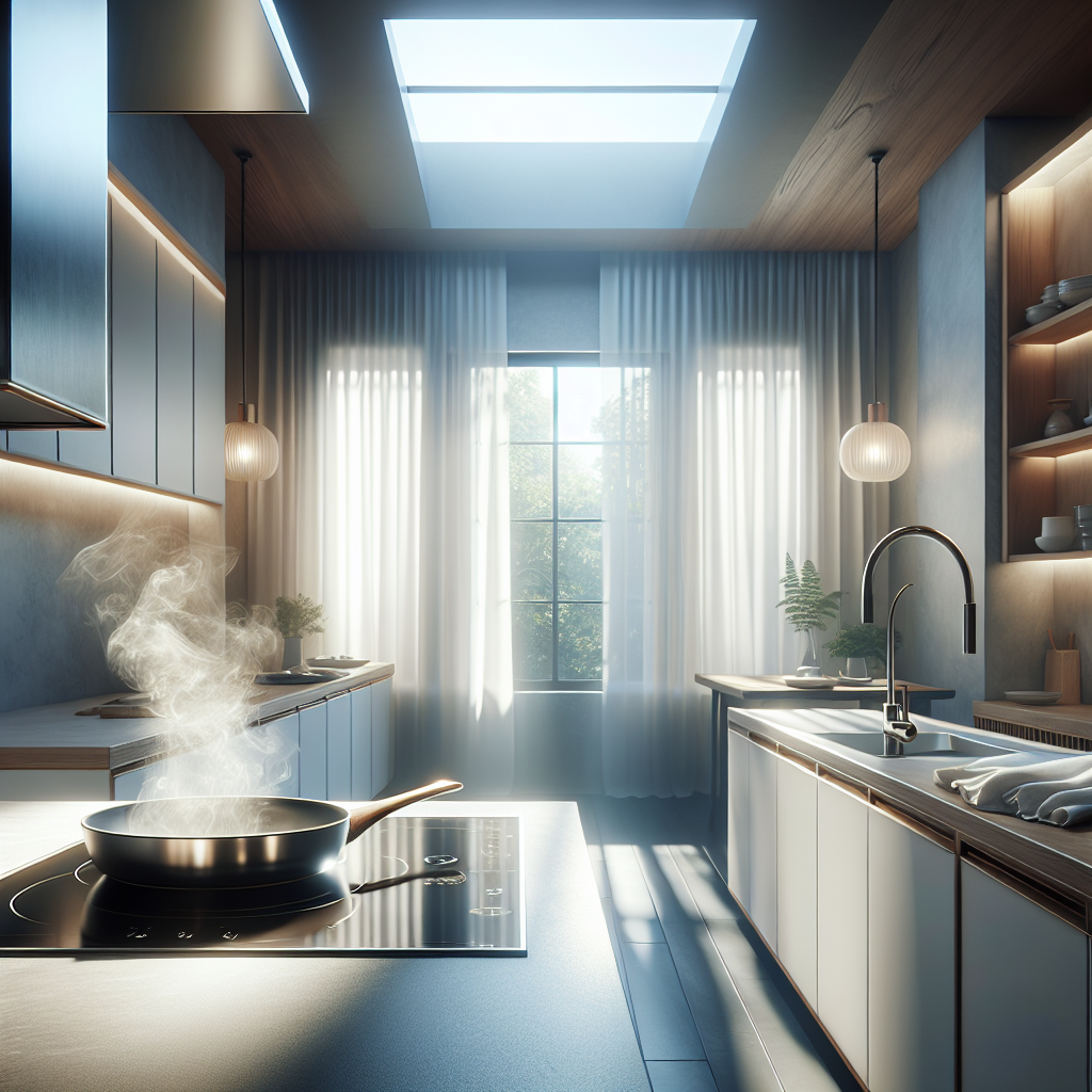 A modern kitchen interior, with a frying pan visible on a clean induction hob. A subtle, transparent haze emanates from the pan, symbolizing lingering grease smell. In the background, a large window is wide open, with bright sunlight and a gentle breeze flowing in, rustling sheer white curtains. The air in the room is visibly clearing, with a fresh, airy feel, suggesting effective ventilation. Volumetric lighting, photorealistic, high detail.