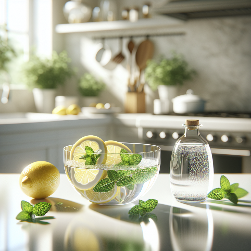 A beautifully composed close-up shot on a light kitchen countertop. A small, clear glass bowl holds fresh, vibrant lemon slices and a few mint leaves. Next to it, a small, elegant glass bowl contains clear white vinegar. The background is a soft-focus, clean kitchen, subtly hinting at freshness and natural cleaning solutions. Soft, diffused natural light illuminates the scene, creating a sense of calm and purity. Photorealistic, high detail.