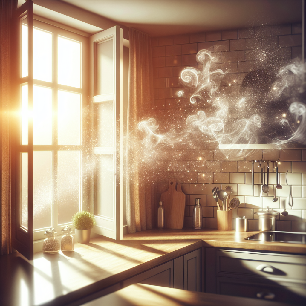 A bright, modern kitchen with an open window, sunlight streaming in. Ethereal, faint wisps of lingering cooking odors are gently dissipating into the fresh air, symbolizing neutralization and clarity. The scene evokes a sense of cleanliness and lightness.