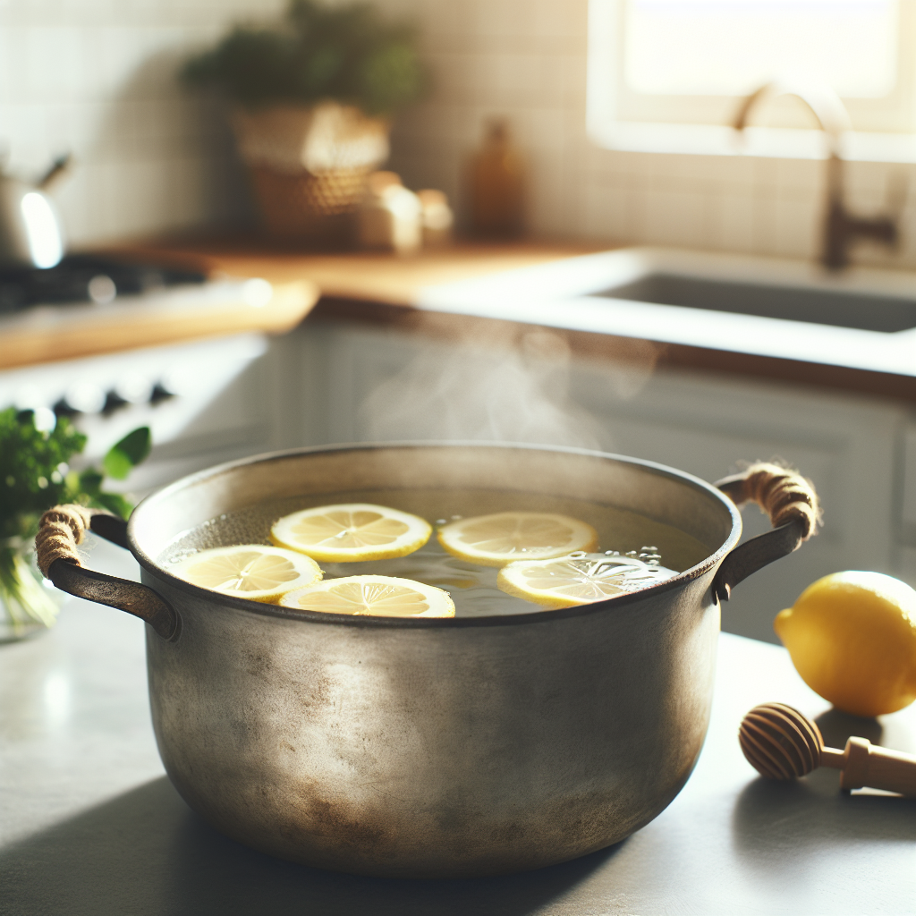 On a clean, minimalist kitchen counter, a rustic pot gently simmers, emitting light, purifying steam. Inside, visible fresh lemon slices float in clear water, symbolizing natural odor neutralization. The surrounding kitchen is bright and inviting, conveying a sense of freshness.