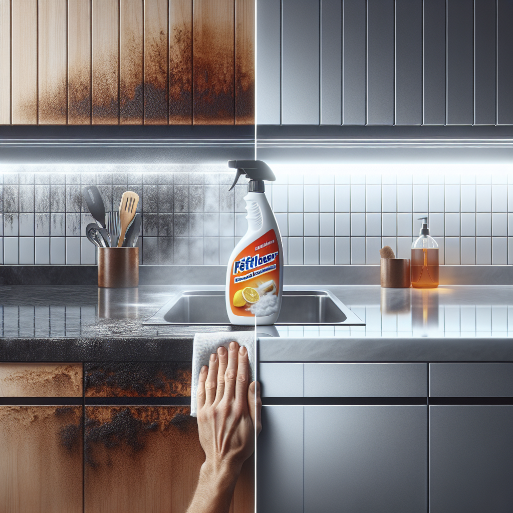 A split image of a modern kitchen counter. On the left side, the counter is visibly smeared with stubborn grease and cooking residue, looking dull and dirty. On the right side, the same counter is sparkling clean, reflecting light, with a pristine, glossy finish. A hand holding a generic spray bottle labeled 'Fettlöser' (Grease Remover) is positioned between the two halves, suggesting the transformation. Realistic photography, bright lighting, focus on cleanliness contrast.