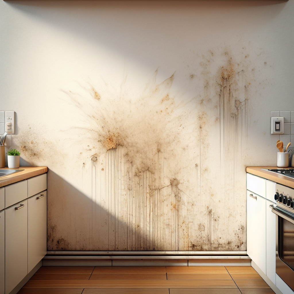 A close-up, realistic photo of a light-colored kitchen wall with noticeable, slightly dried grease splatters near a stovetop. The scene conveys a common household challenge, with natural light highlighting the texture of the wall and the greasy marks.