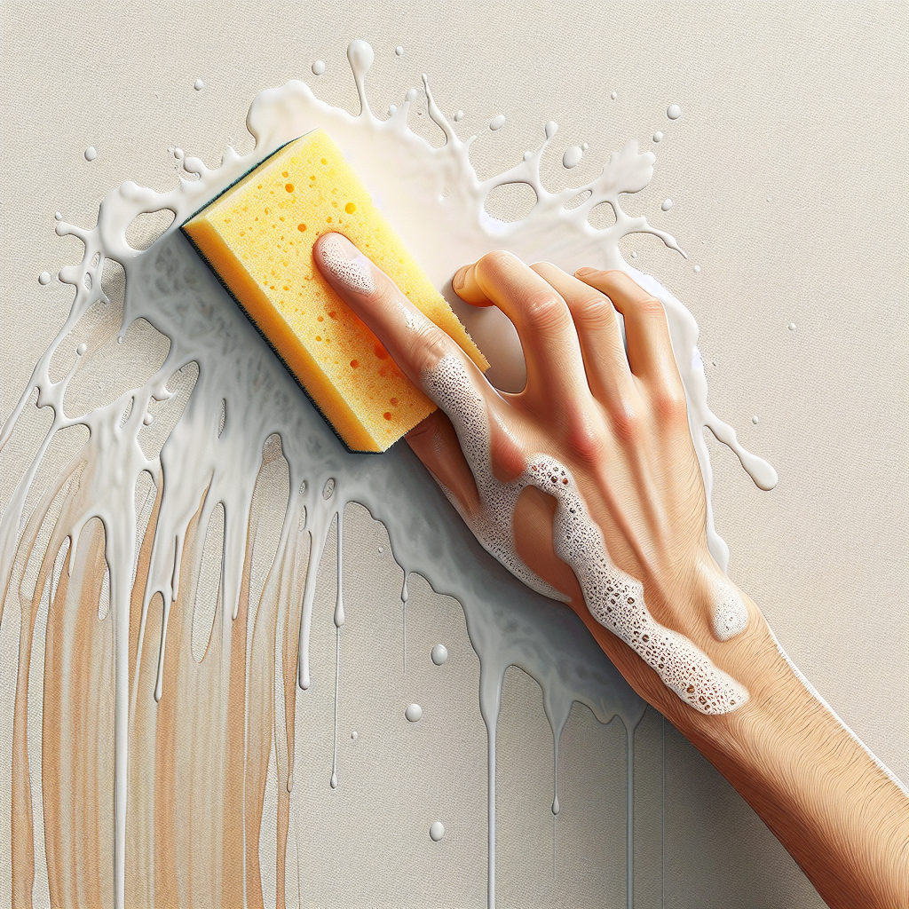 A close-up, realistic photo showing a hand gently cleaning grease splatters from a light-colored kitchen wall using a soft, damp sponge and a hint of suds. Part of the wall is already clean, while a few remaining splatters are visible, illustrating the cleaning process effectively and carefully.