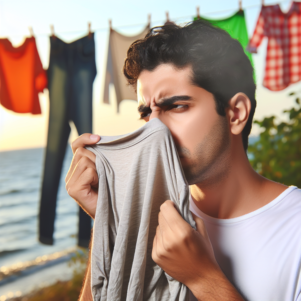 A person holds up a damp, slightly crumpled t-shirt to their nose, making a subtle face of mild disgust or concern. In the background, brightly lit clothes are hanging on a clothesline outdoors under a sunny sky, with a gentle breeze, symbolizing freshness.