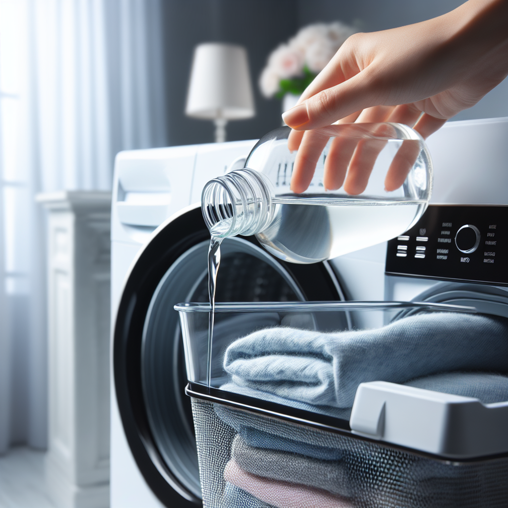 A close-up shot showing a hand pouring white vinegar from a clear bottle into the detergent or fabric softener dispenser of a modern washing machine. The scene should be bright and clean, with a subtle hint of freshly washed, folded laundry nearby, emphasizing natural home remedies for freshness.