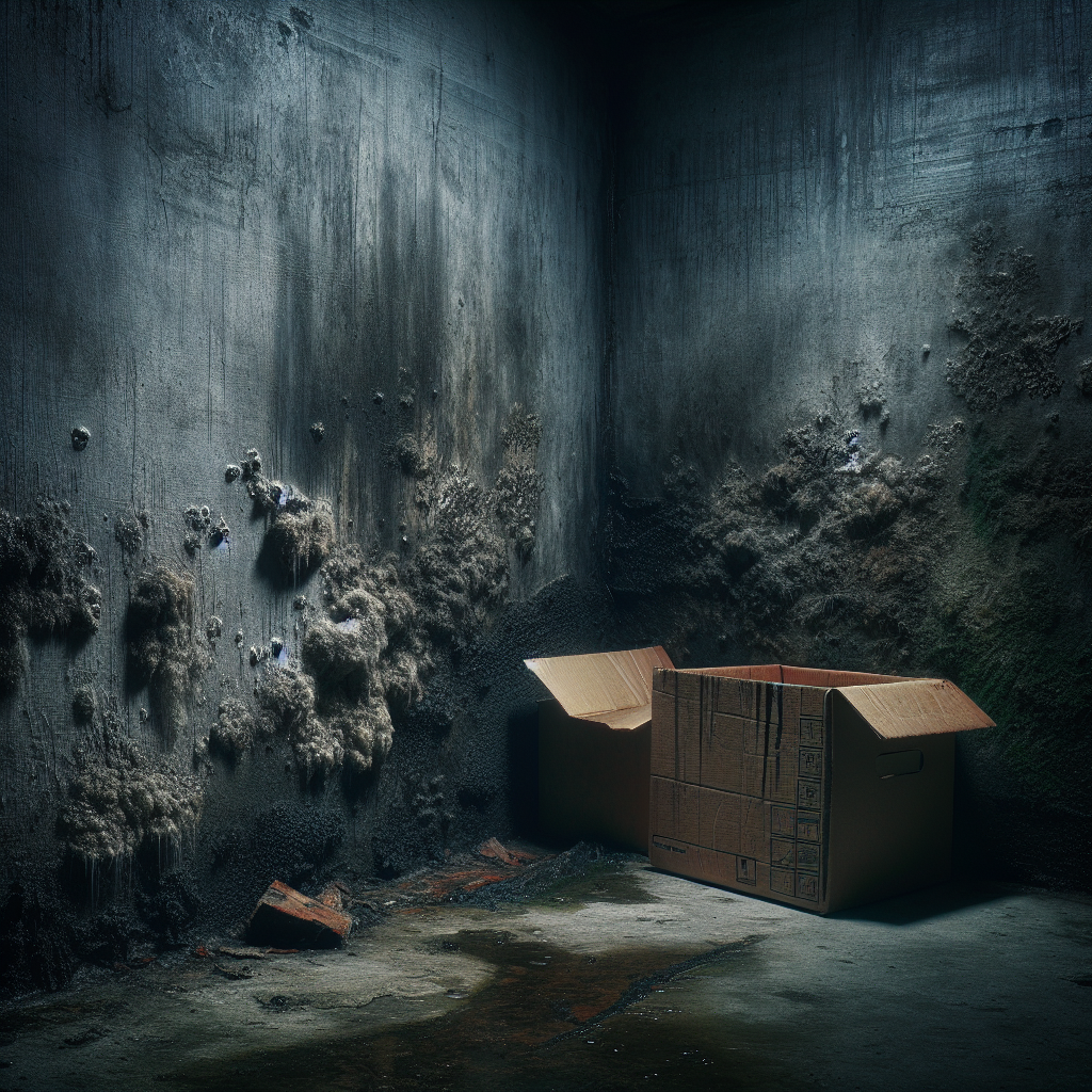 A dark, damp, and musty basement corner. Visible water stains and subtle mold spots on concrete walls, old cardboard boxes showing moisture damage, and a general sense of neglect and unpleasantness. Realistic photography with a heavy, atmospheric feel.