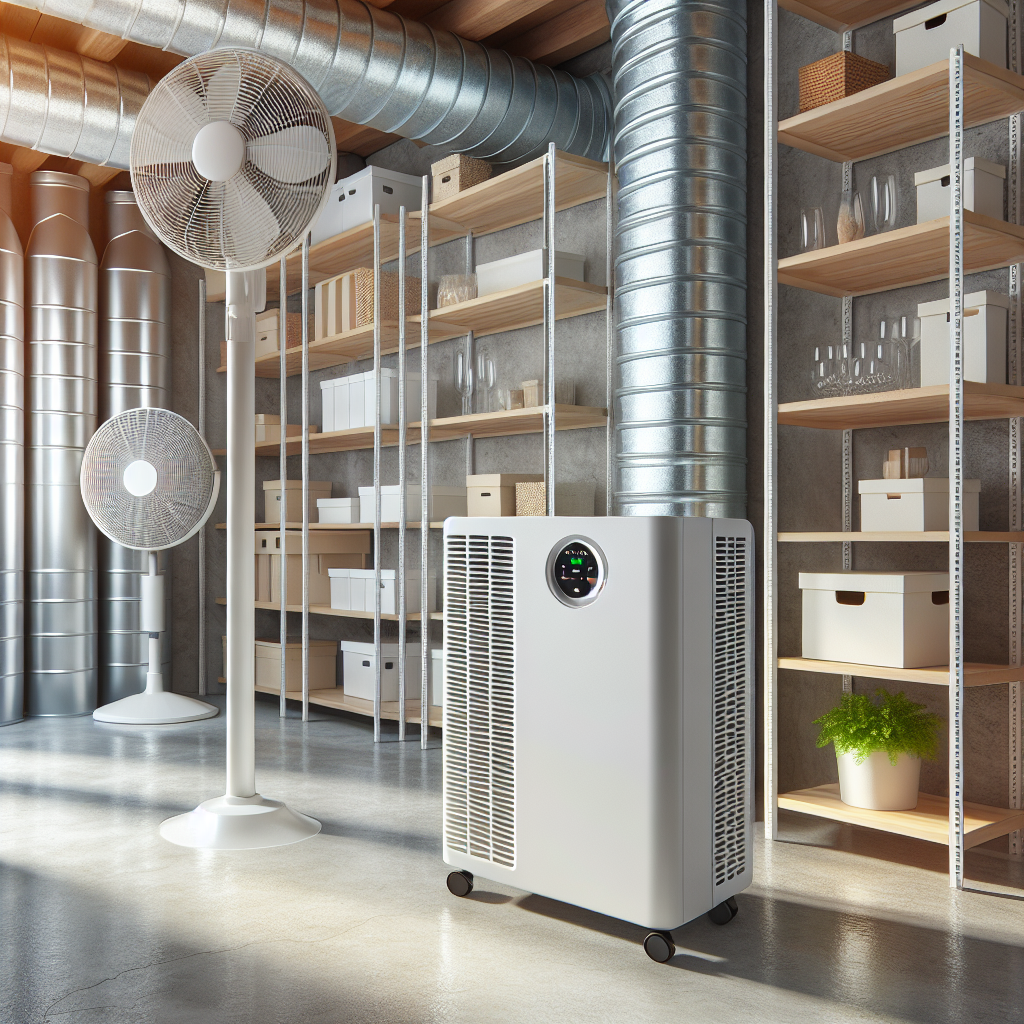 A bright, clean, and freshly aired basement space. A modern dehumidifier is running, a small fan circulates air, and organized, dry storage shelves line sparkling clean concrete walls. The atmosphere is light, fresh, and inviting, conveying dryness and prevention. Realistic photography.